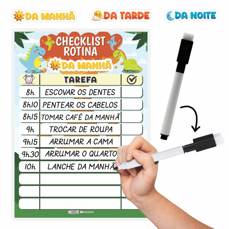 Quadro Check List Rotina Dinossauro + Caneta