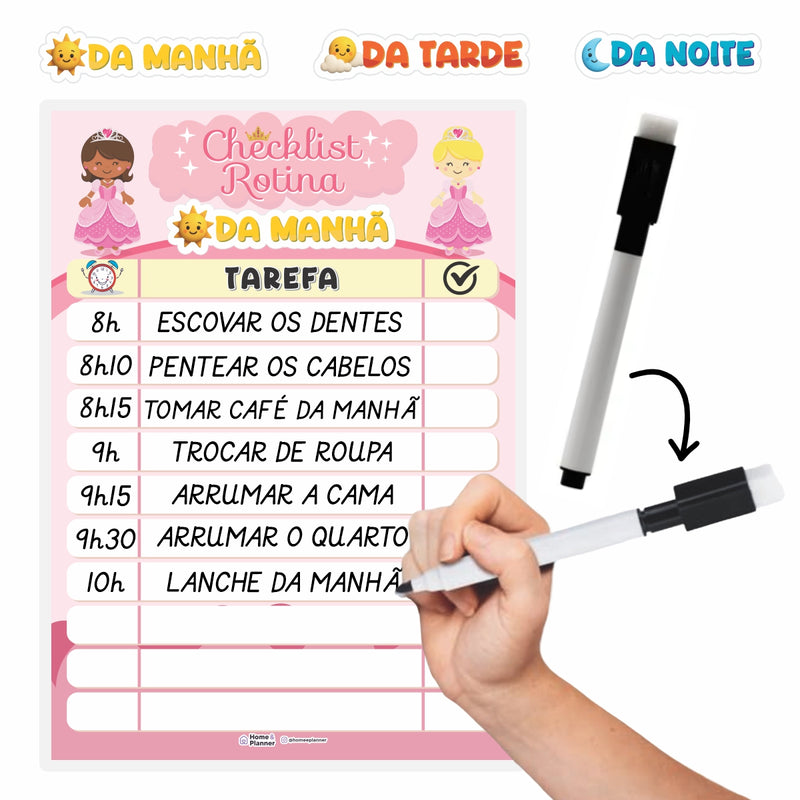 Quadro Check List Rotina Princesas + Caneta