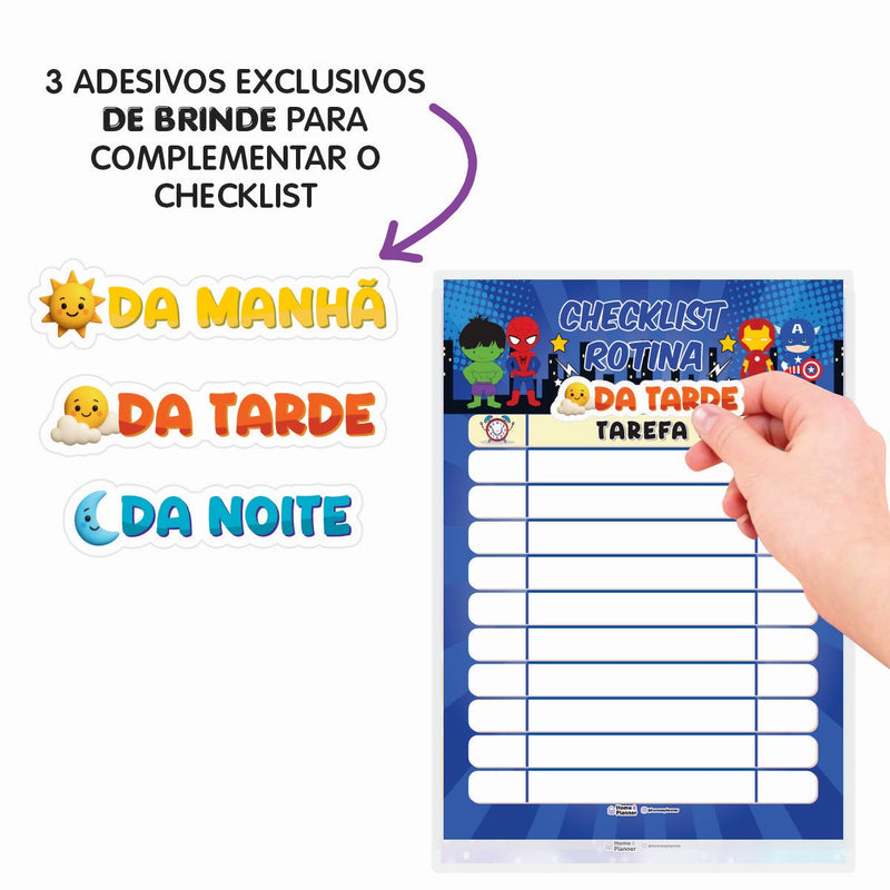 Kit 3 Quadros Check List Rotina Heróis + Caneta