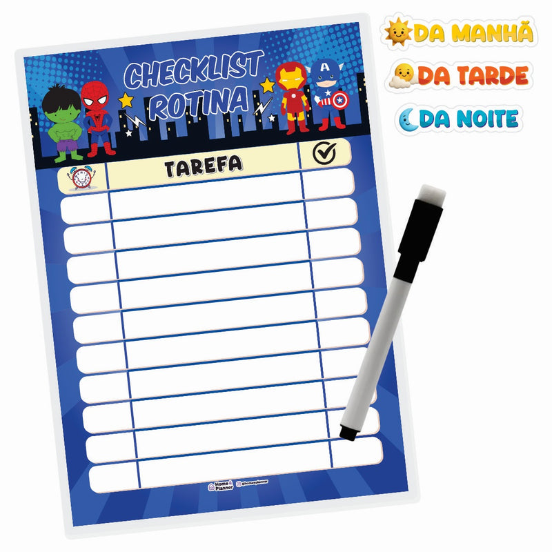 Quadro Check List Rotina Heróis + Caneta