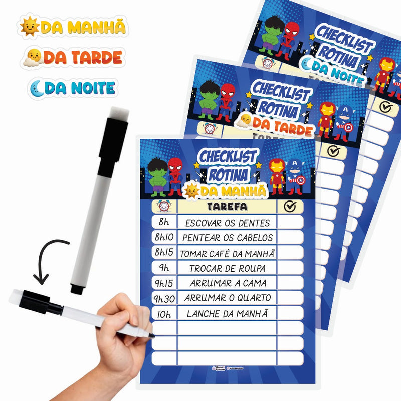 Kit 3 Quadros Check List Rotina Heróis + Caneta