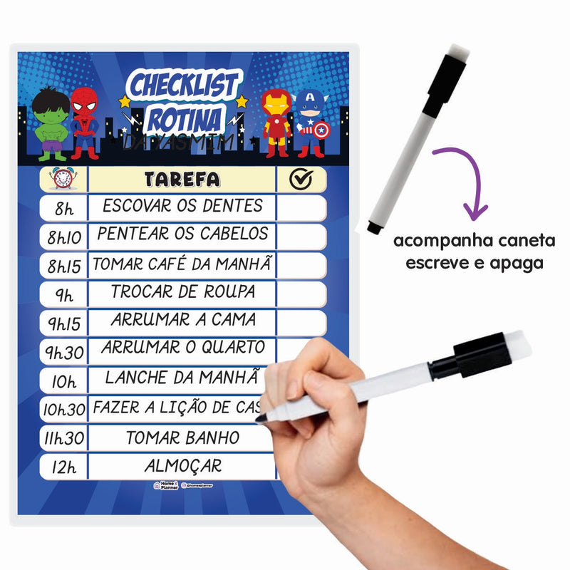 Kit 3 Quadros Check List Rotina Heróis + Caneta